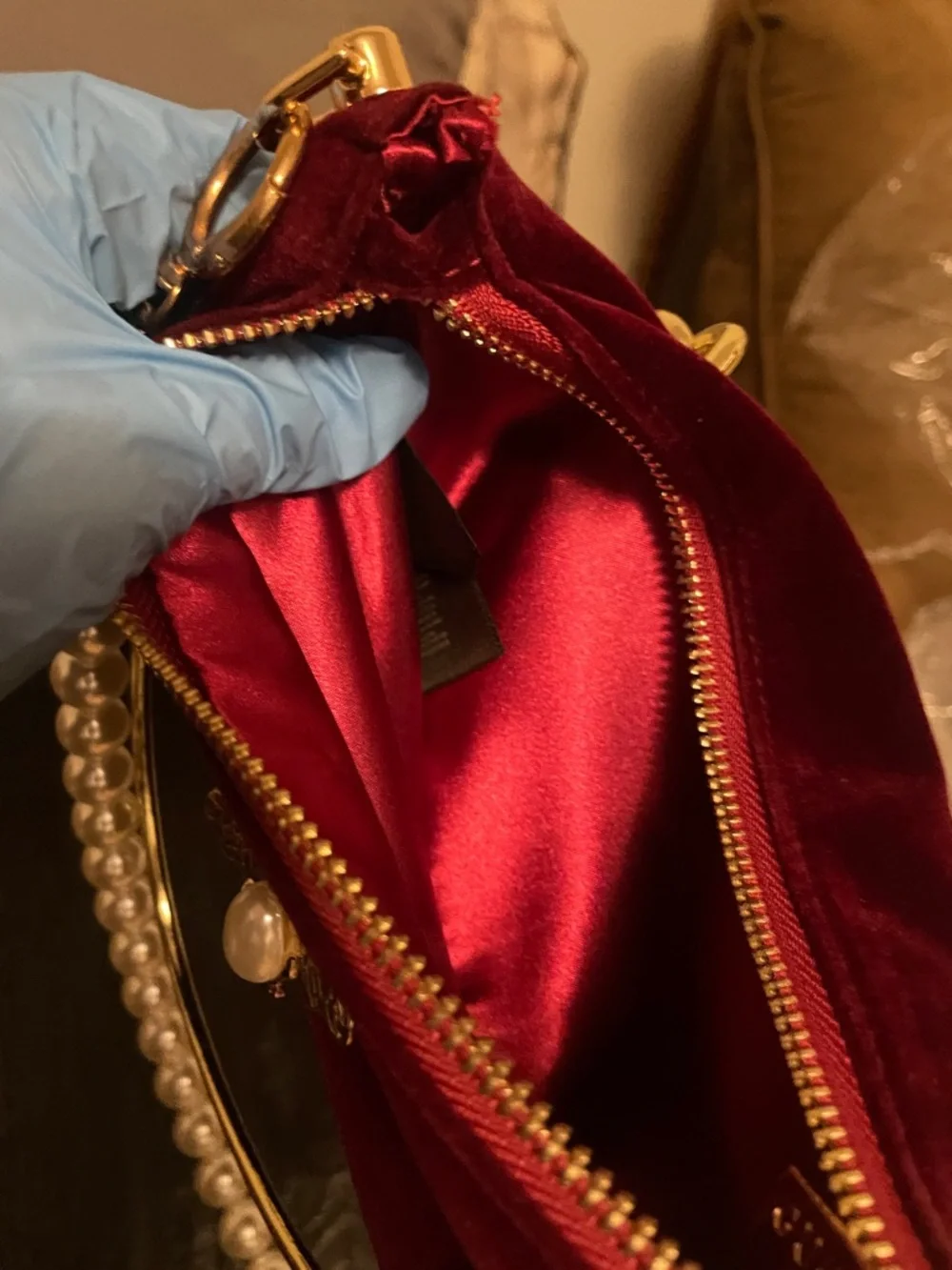 Gucci Burgundy Velvet Mini Bag with Pearl Handle and Bee Emblem - Picture 10 of 17